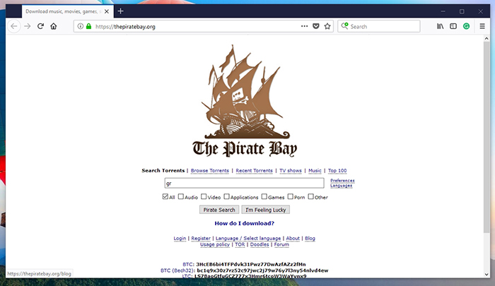 The Pirate Bay Home Page